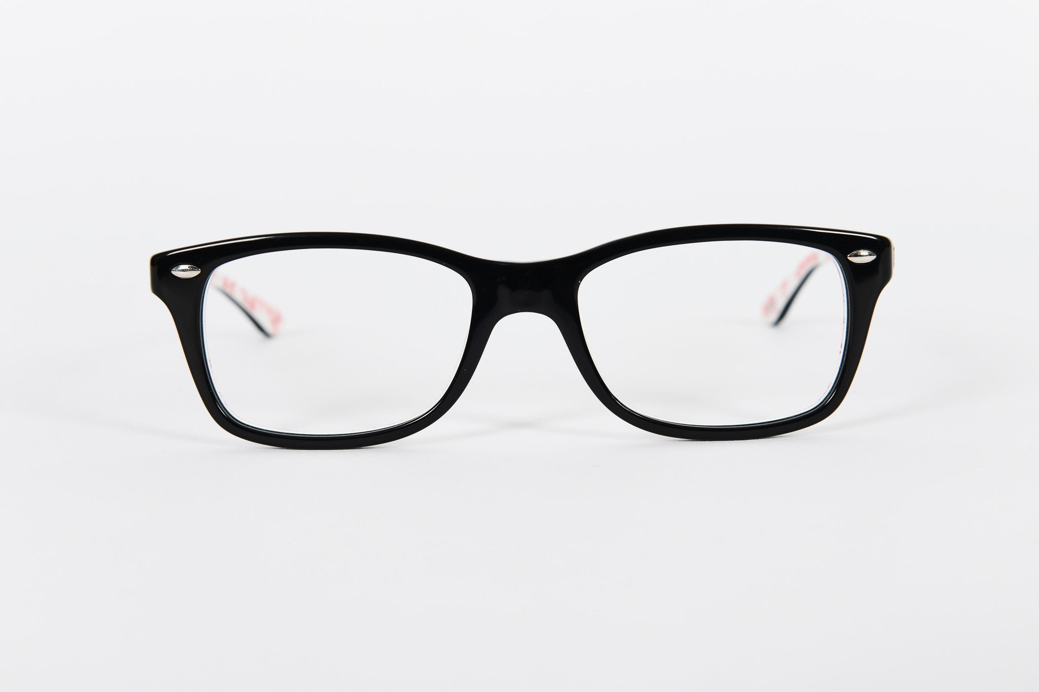 Black Ray Ban with red and white logo on inside of sides.