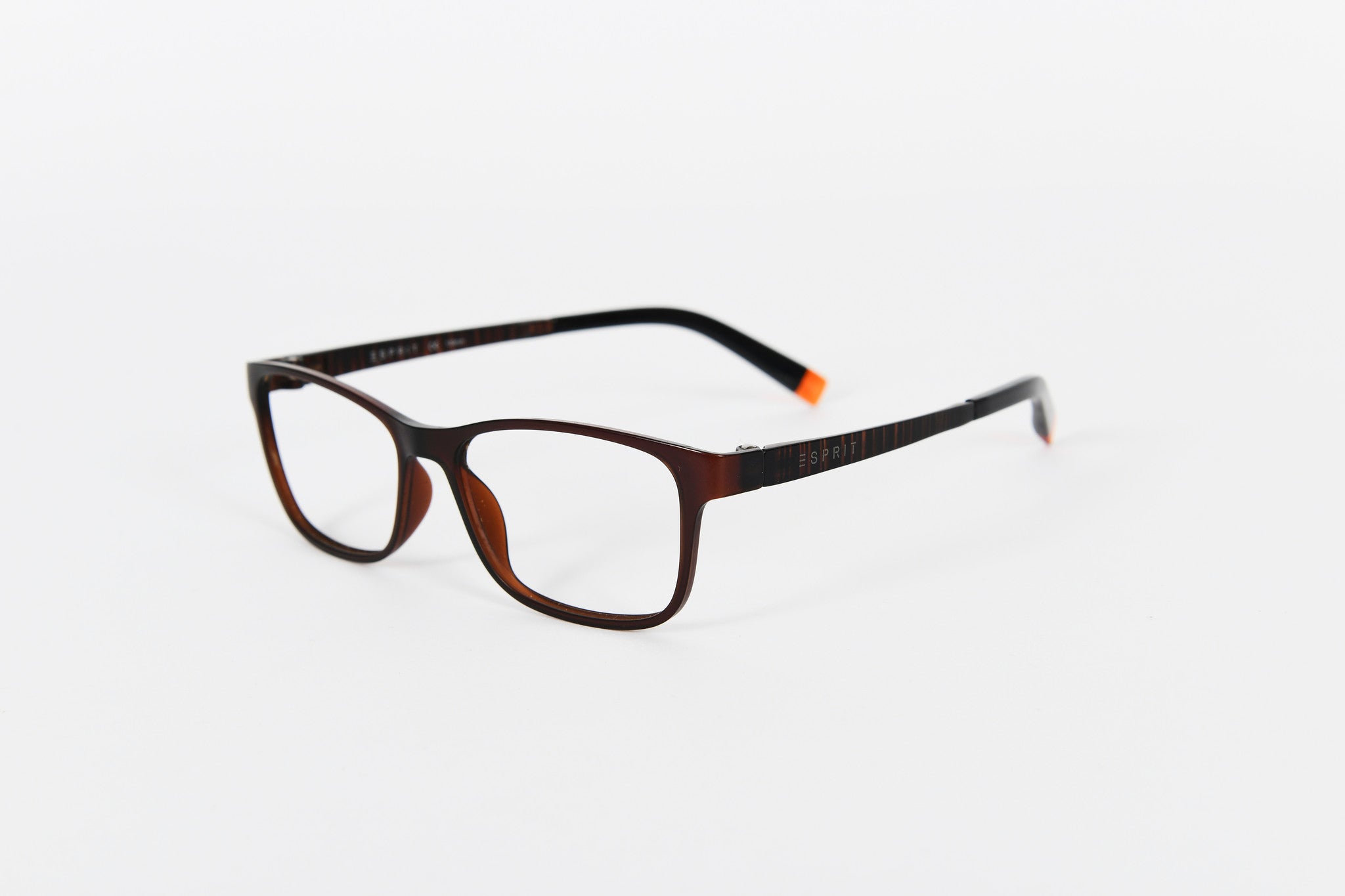 Esprit, dark brown with subtle orange detail and tips. Flexible, super comfy sides.