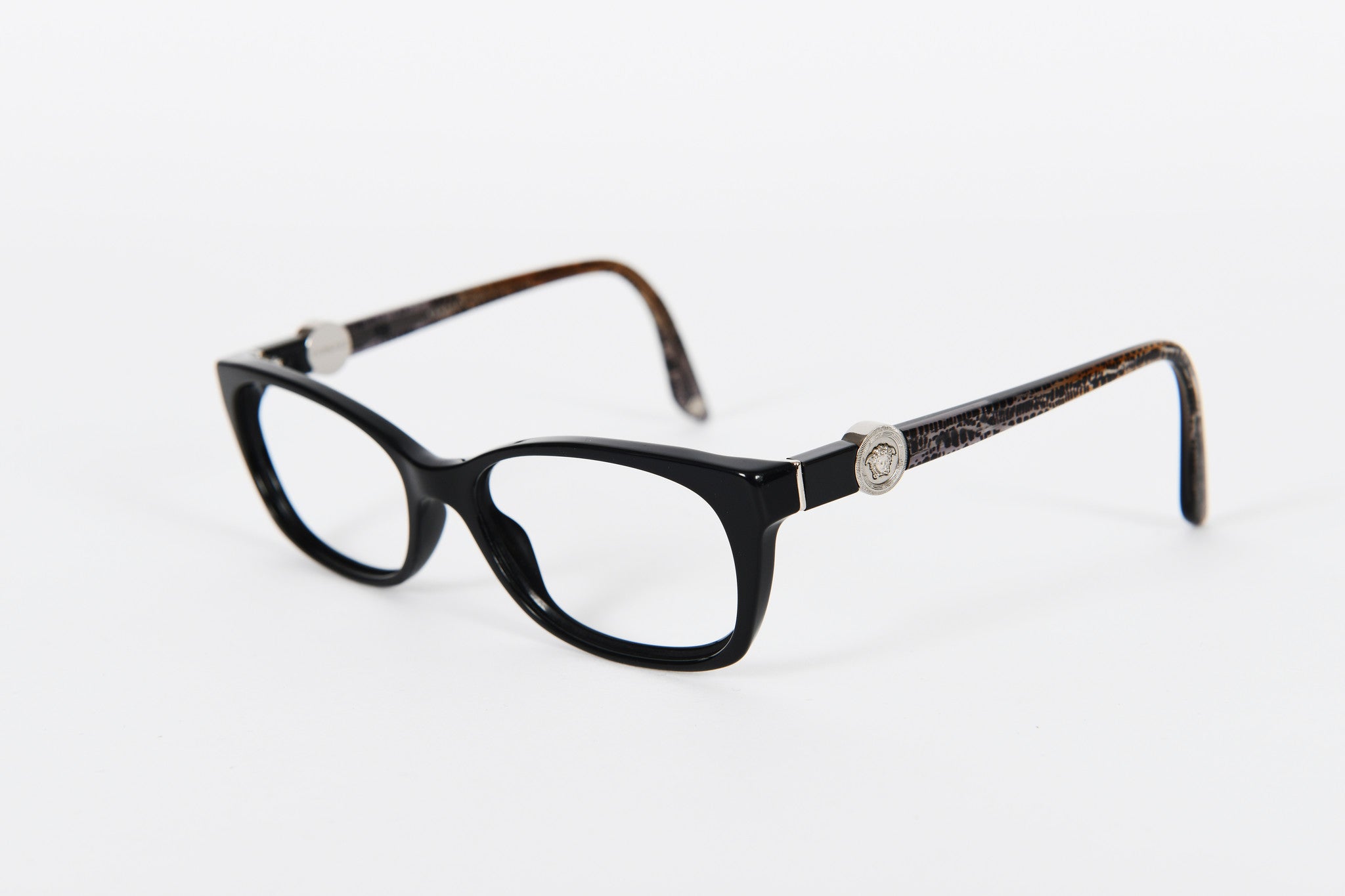 Black Versace frames with silver logo and mottle sides