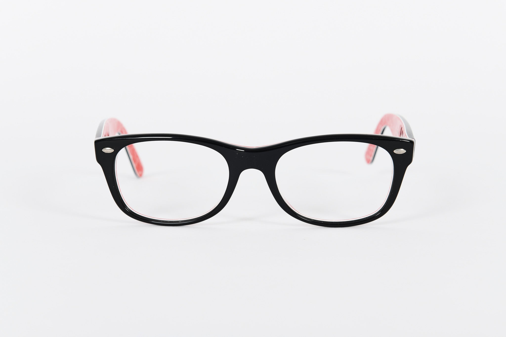 Black Ray-Ban Wayfarer shape frames with red logo pattern on insides