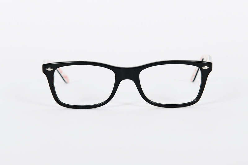 Classic black Ray-Ban with slim sides and red logo print on inners