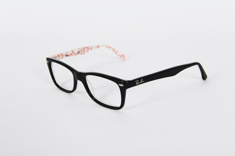 Classic black Ray-Ban with slim sides and red logo print on inners