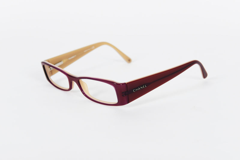 Purple Chanel frames with beige details and silver logo