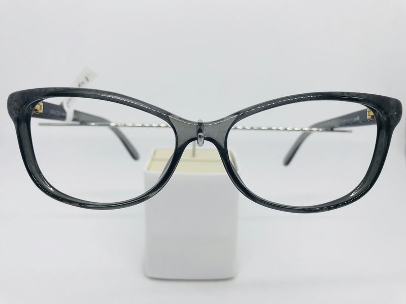 Elegant dark grey Gucci frames with subtle geometric pattern