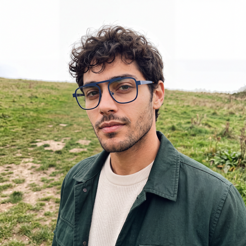 Kelinse Navy Blue Men's Aviator Glasses on a Model