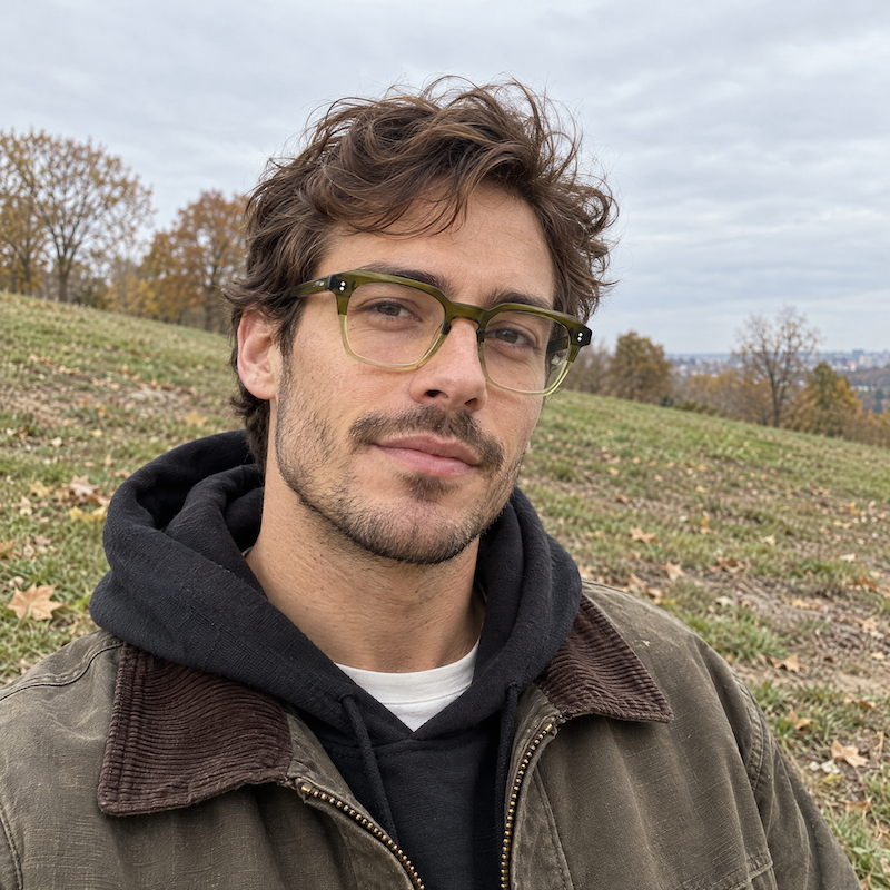 Olive Fade men's green square glasses on a model