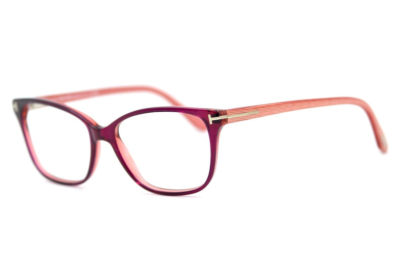 Tom Ford 5293 women's designer glasses in cerise with pink striped sides.