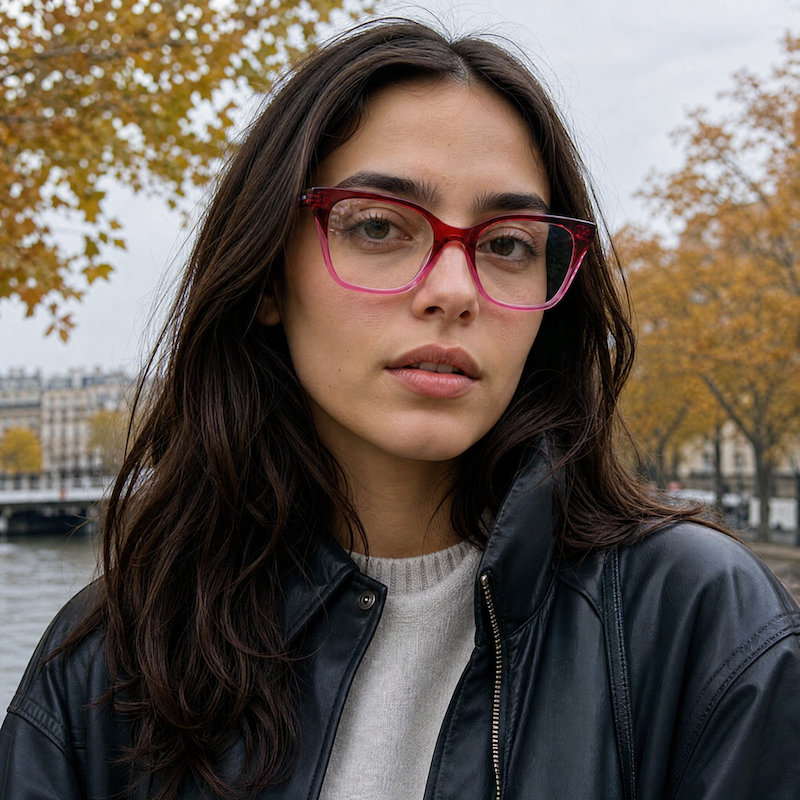 UCOB 1077 pink glasses. Red and pink square glasess. Sustainable glasses saved from landfill. 