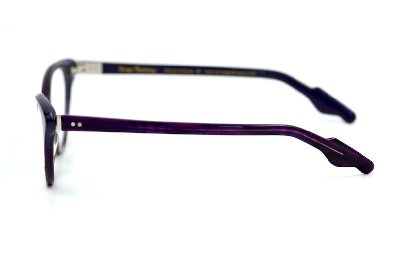 Purple Vinyl Factory Popovic glasses showing decorative sides and guitar-inspired temple