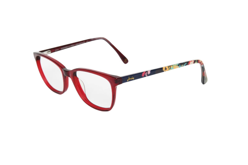 Joules red designer glasses. Joules women's glasses. Designer women's glasses. Cheap designer glasses. Sustainable eyewear.