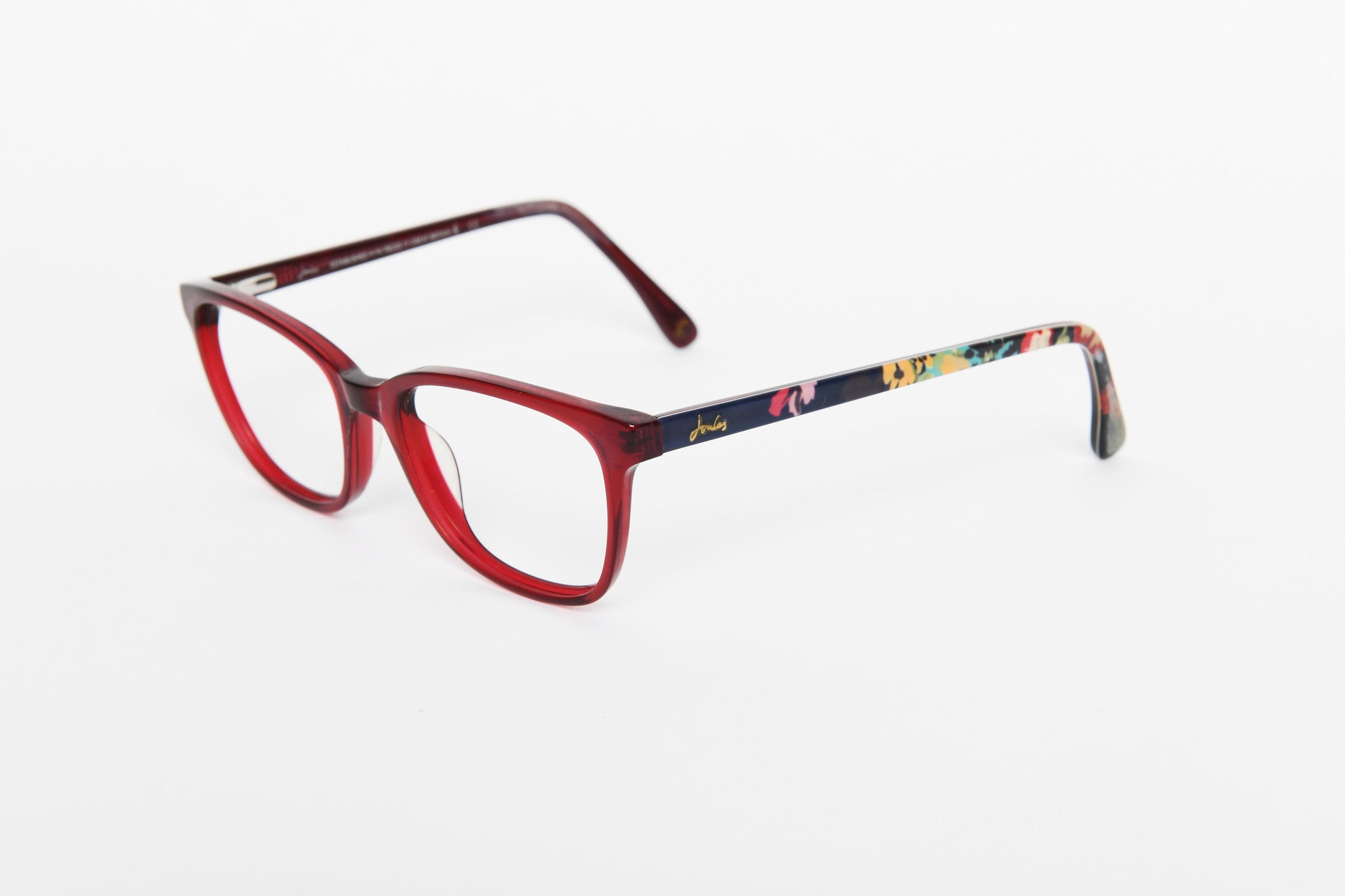 Joules red designer glasses. Joules women's glasses. Designer women's glasses. Cheap designer glasses. Sustainable eyewear.