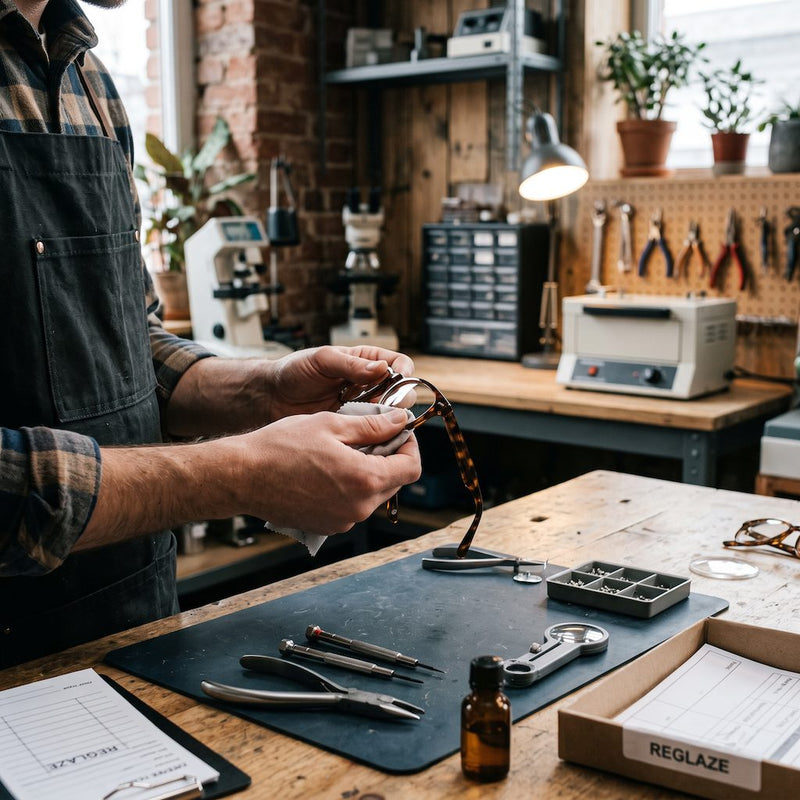 Glazing technician polishing a pair of tortoiseshell glasses at a workbench with fitting tools, after fitting new prescription lenses
